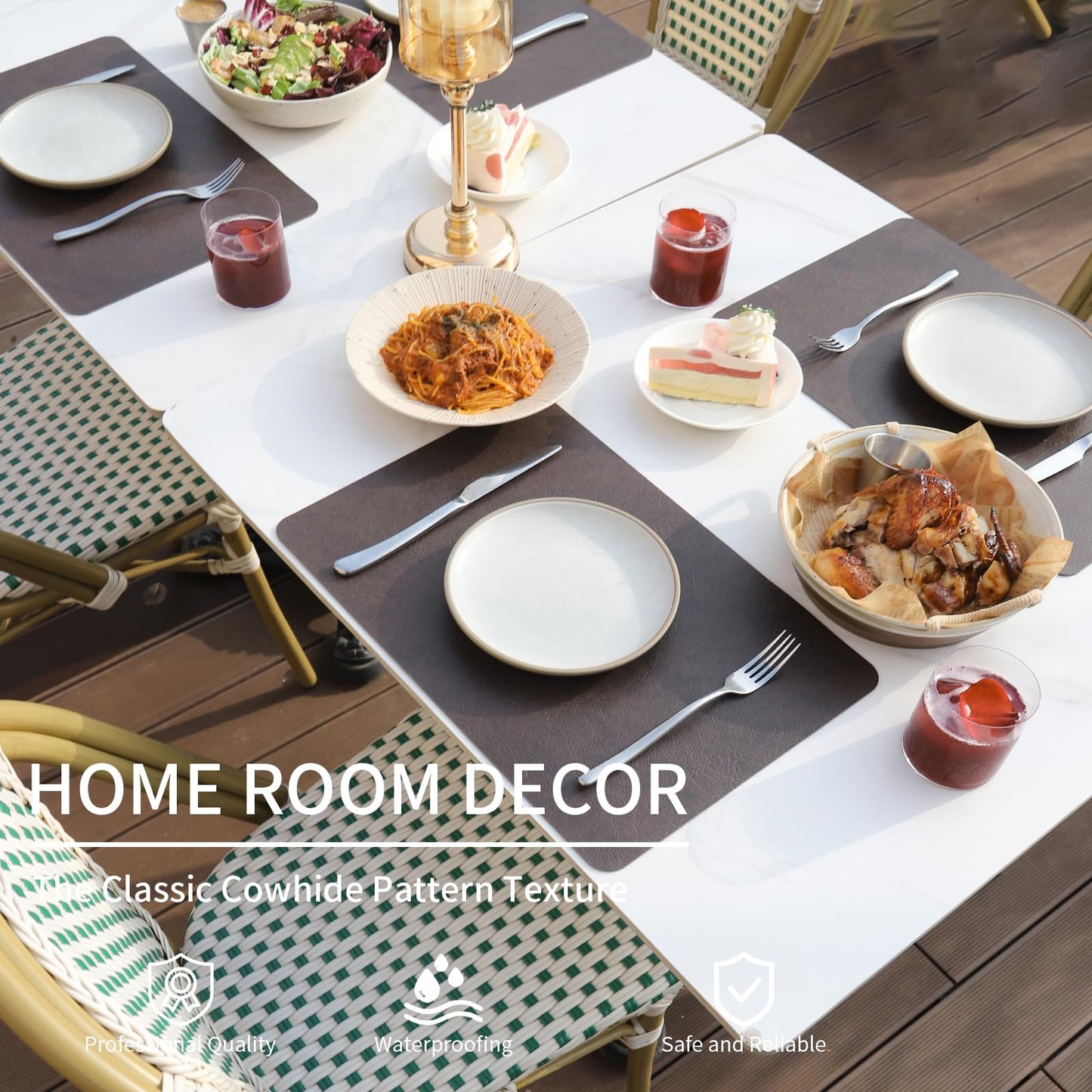 EDanle Cowhide Pattern Faux Leather Placemats Set of 4,Heat Resistant Non-Slip Waterproof Wipeable Washable Kitchen Dining PU Table Place Mats,Double-Sides Available,Black Brown