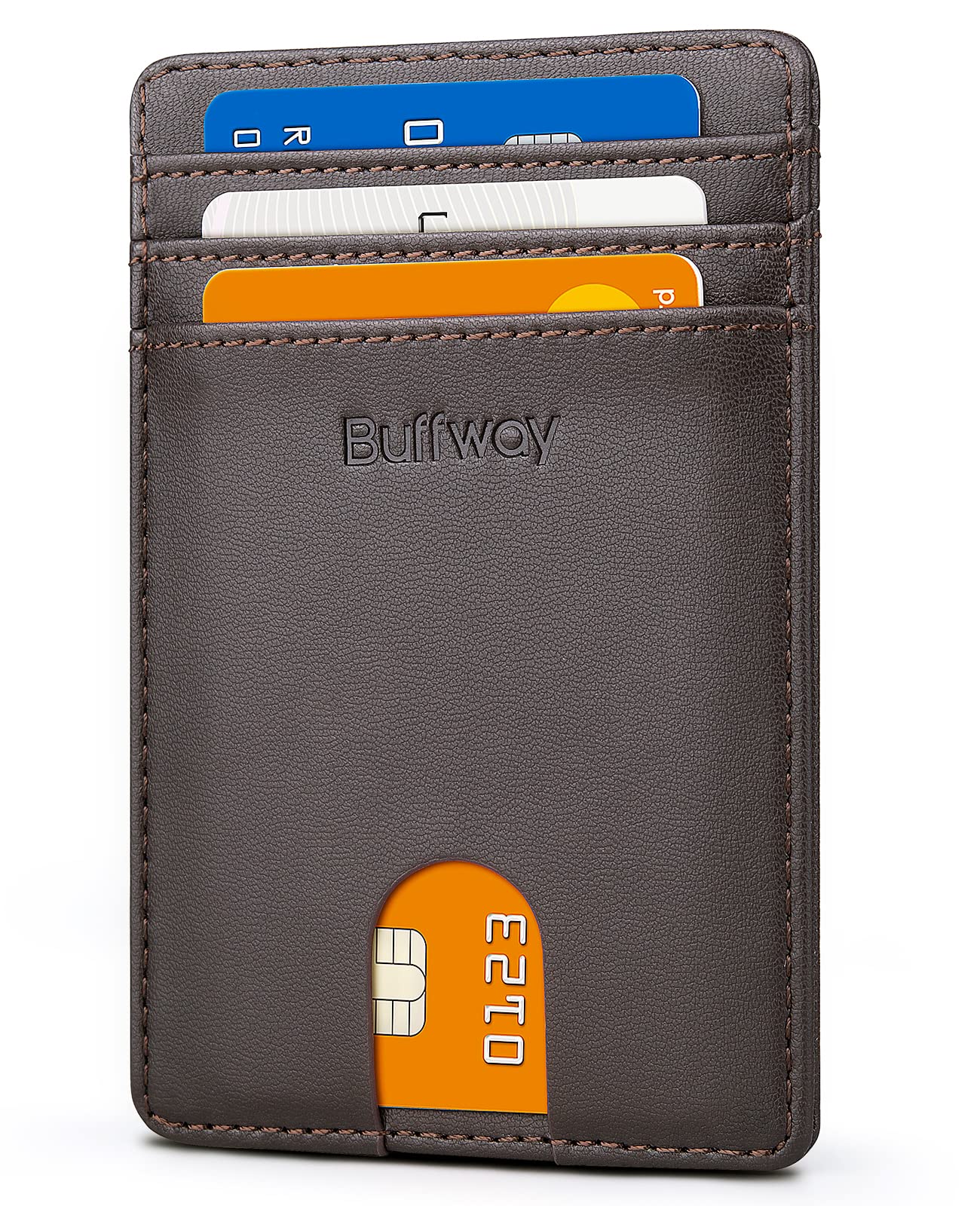 Buffway Mens Slim Wallet, Minimalist Thin Front Pocket Leather Credit Card Holder with RFID Blocking for Work Travel - Boston Chocolate