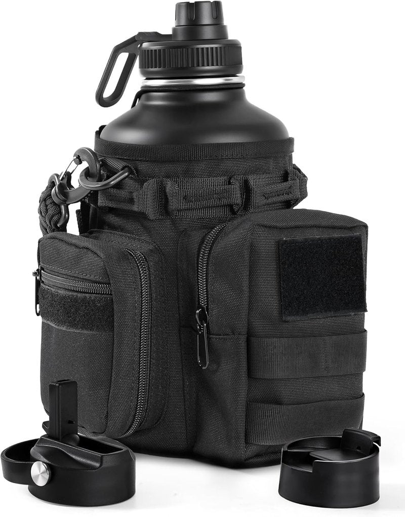 Tactical Half Gallon Water Bottle - 64 Oz Insulated Stainless Steel Jug with Molle Holder & 3 BPA-Free Lids | Black