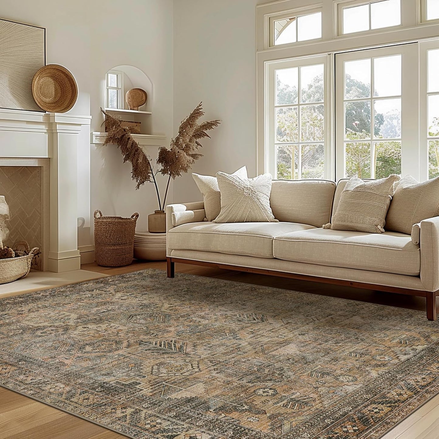 Bavni Washable Rug 8x10 Area Rug for Living Room Bedroom Dining, Washable Vintage Print Carpet, Ultra-Thin Chenille Low Pile Lightweight Rug with Non Slip Backing, Warm Taupe