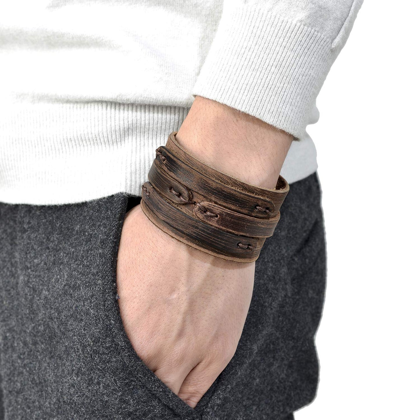 Tornito 3Pcs Genuine Leather Bracelet Braided Biker Cuff Strap Punk Wide Belt Bangle Wristband For Women Men Black Brown Size Adjustable