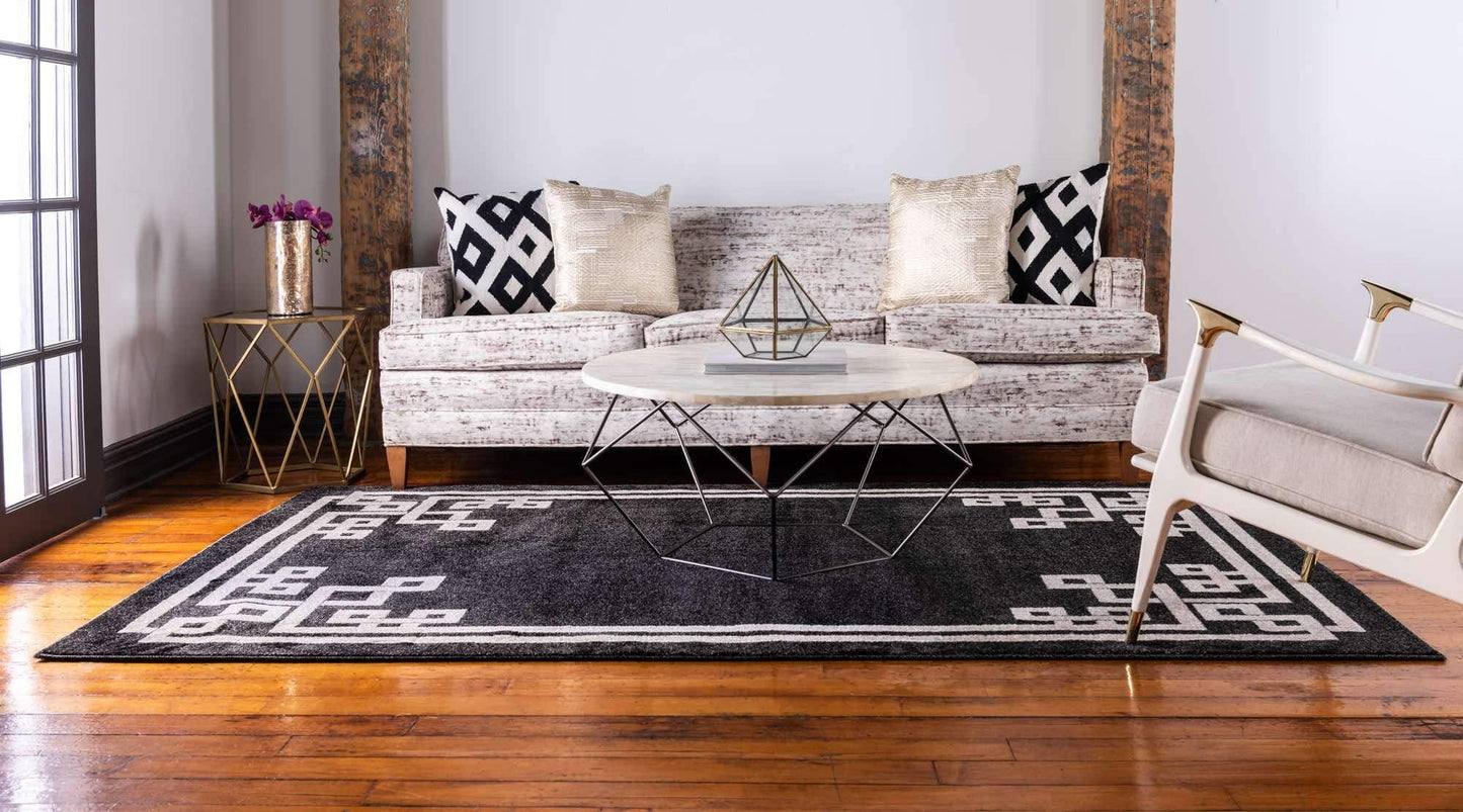 Unique Loom Athens Collection Classic Geometric Tribal Modern Border Design Area Rug (7' 0 x 10' 0 Rectangular, Black/ Beige)