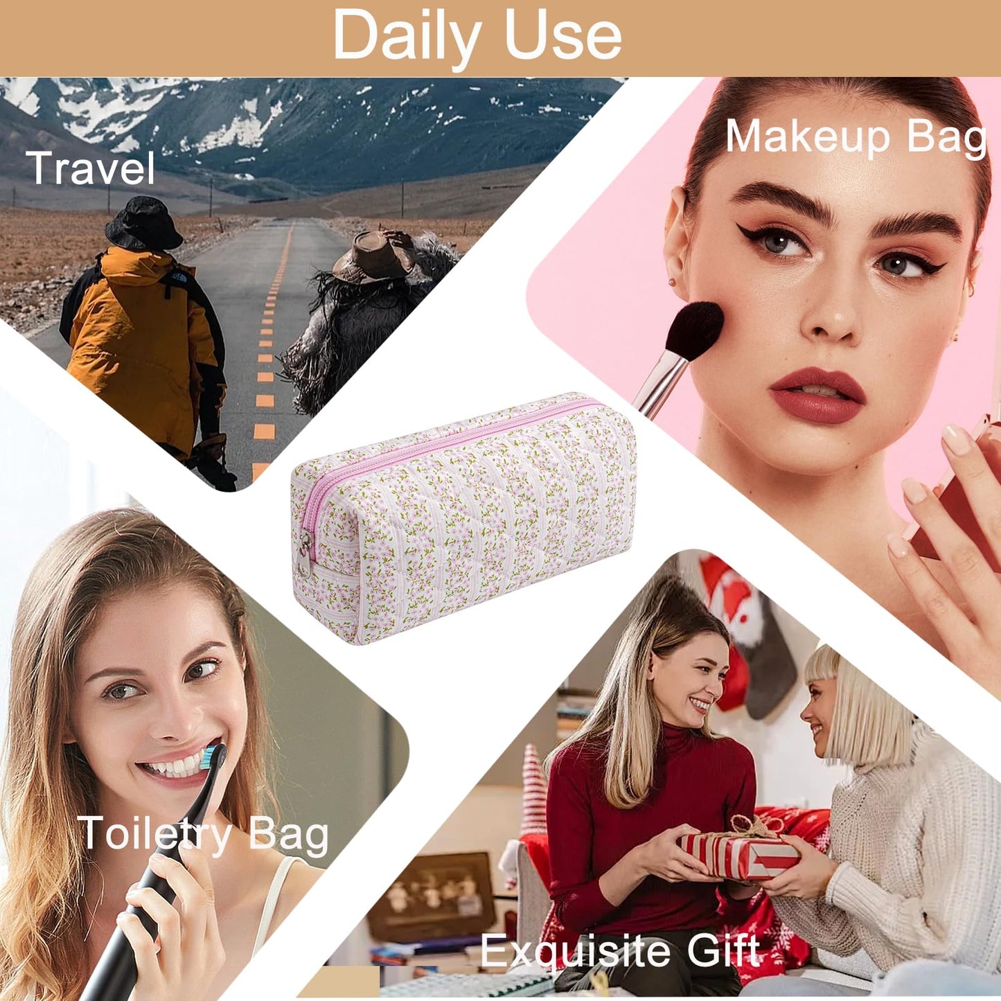 HHQQWZ Cute Floral Cotton Makeup Brush Cosmetic Bag for Women, Travel Quilted Zipper Make Up Bag, Flowers Toiletry Organizer Case Kawaii Makeup Cosmetic Travel Cloth Pouch (Pink Floral)