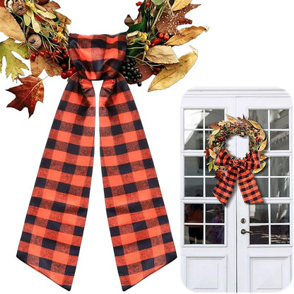 Wreath Sash for Front Door Wreath Satin Sash Blank Sashes Embroidery Monogram Yard Doorway Indoor Outdoor Wall Ribbon Bow Home Decor(Orange, Black,Fall Plaid)