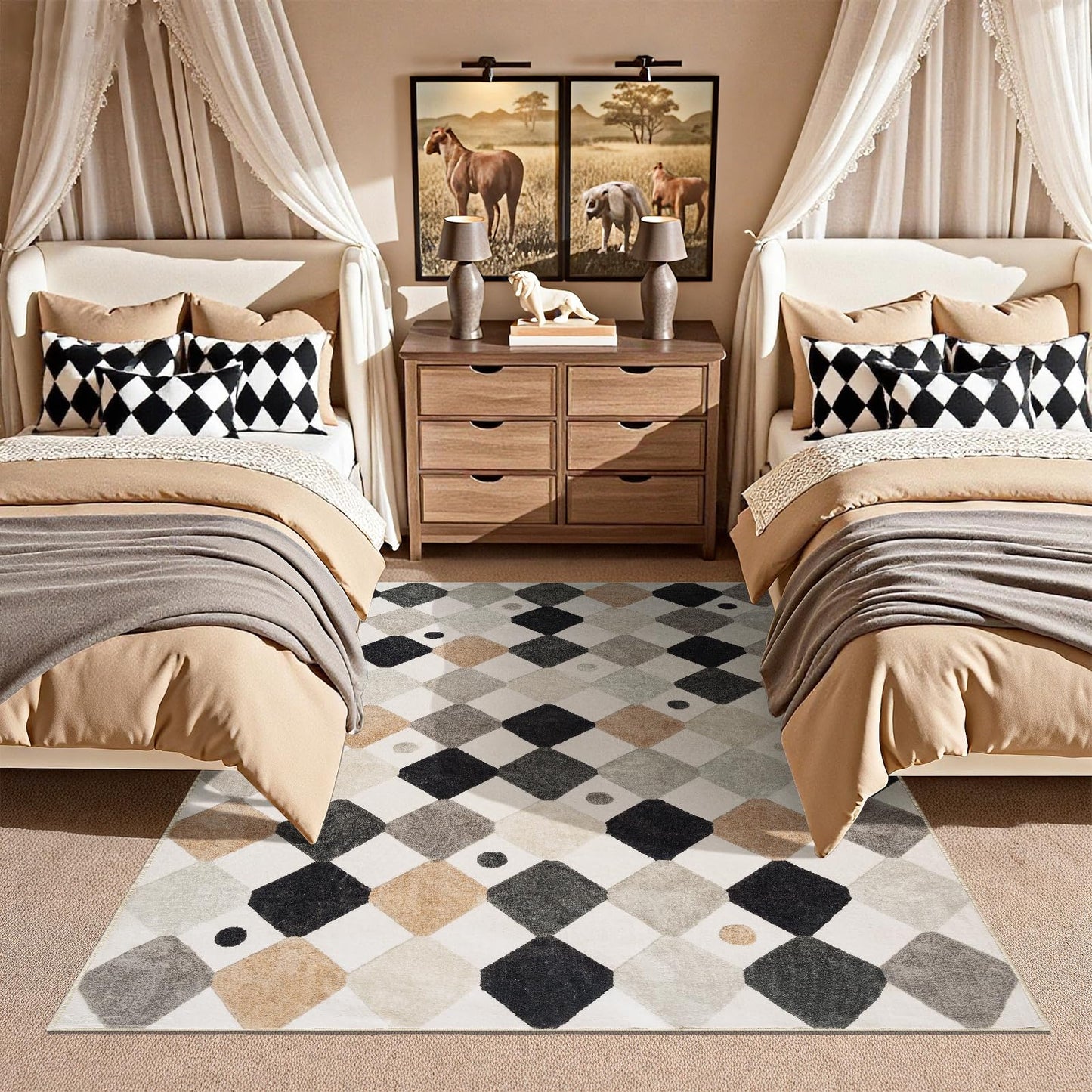 jinchan Macy 5x7 Area Rug for Kids Room Black and White Modern Colorful Nursery Rug Checkered Diamond Play Mat Washable Soft Non Slip Carpet for Playroom Classroom Bedroom Living Room Marble on Cream