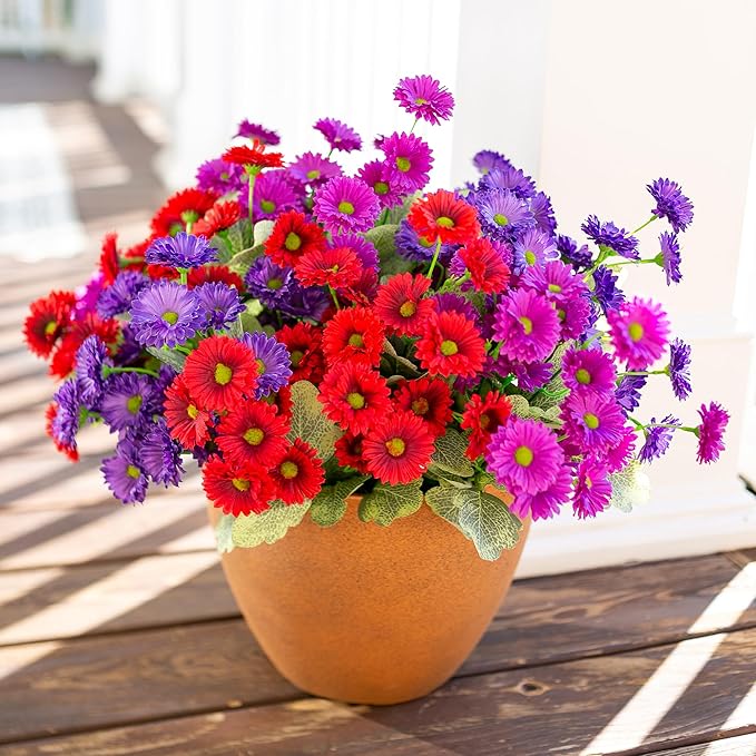 HyeFlora Dahlia Artificial Flowers for Outdoors Decoration, 6 Bundles Fake Mums Faux Flowers Plants Realistic UV Resistant Silk Flowers for Outside Planter Front Door Yard Garden Indoor Home, Mix