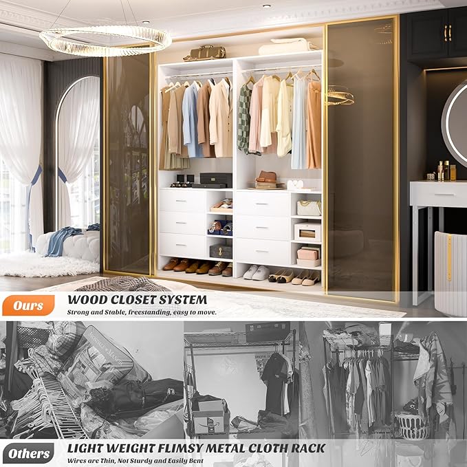 Aheaplus 2.5FT Closet System with 3 Drawers, 29.5’’ Closet Organizer, Wood Closet Organizer System, Walk-in Closet or Small Closets Wardrobe, Clothes Rack with Hanging Rods,-E6, White