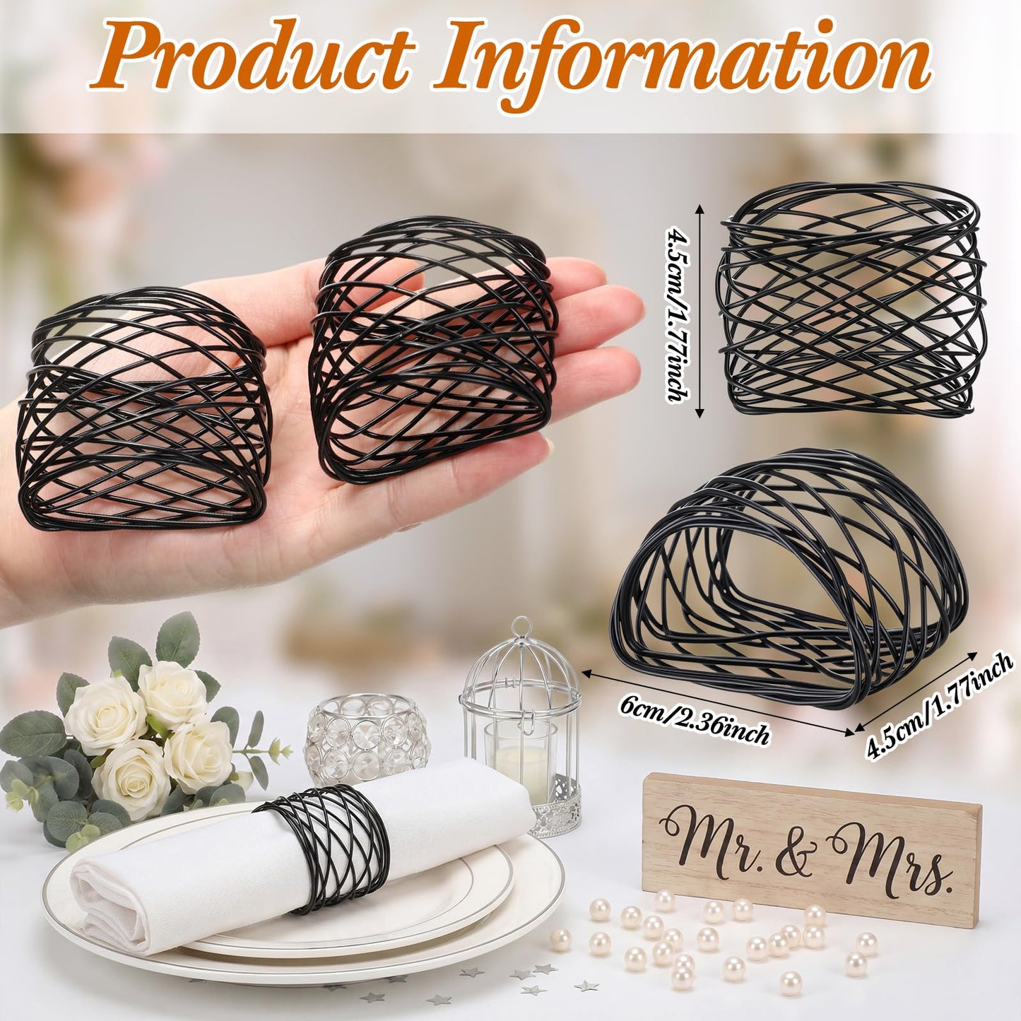LemonRoad 12 Pcs Black Wedding Metal Napkin Rings Twisted Wire Mesh Napkin Holder Buckles Modern Boho Minimalist Semicircle Serviette Ring Rust Resistant Decorations for Cloth Napkins Dinner Banquet
