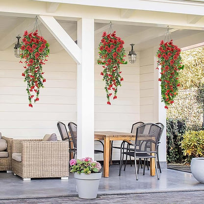 Artificial Fake Hanging Flowers Plants for Outdoor Spring Summer Decoration, 4pcs Faux Silk Realistic UV Sun Resistant Daisy for Outside Porch Patio Window Box Yard Home Decor (Red)