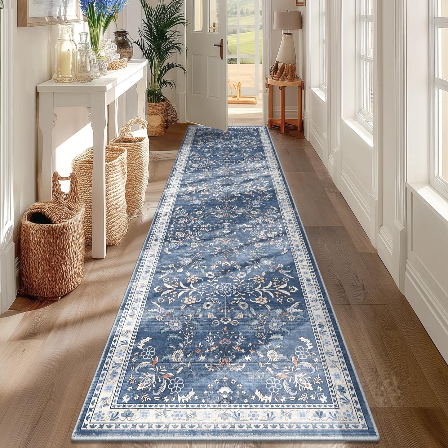 Yamaziot Washable Runner Rug 2x8 – Non Slip Boho Floral Hallway Runner Rug with Rubber Backing, Low Pile Wool Distressed Carpet for Kitchen, Laundry, Bedroom, Entrance, Blue