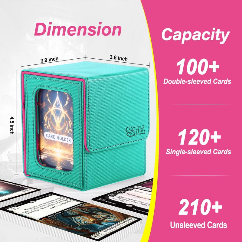 Commander Deck Box for MTG with double display windows,Card Storage Box Fits 120+ Single sleveed Cards,Magnetic Card Box with 2 Dividers&2 Toploaders for TCG Turquoise/Pink