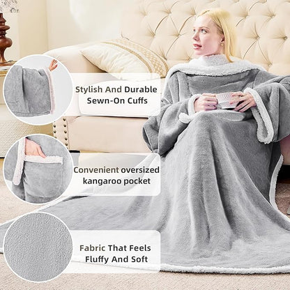 IFNOW Sherpa Wearable Blanket with Sleeves for Women Men Adults, Cozy Wearable Blanket with Arm and Pocket, Warm Full Body TV Wrap Throw Blanket, Soft Robe Blanket as Gifts for Mom Wife, Grey