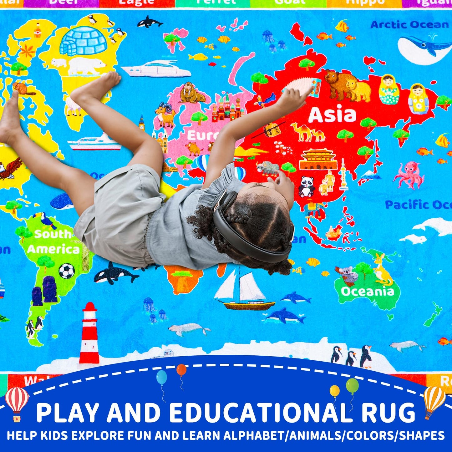 World Map ABC Kid Rug for Playroom Geography 59"×39.4" Classroom Play Carpet Educational Baby Playmat Alphabet Mat for Primary School Fluffy Ployester Non-Slip Preschool Rug for Nursery Room