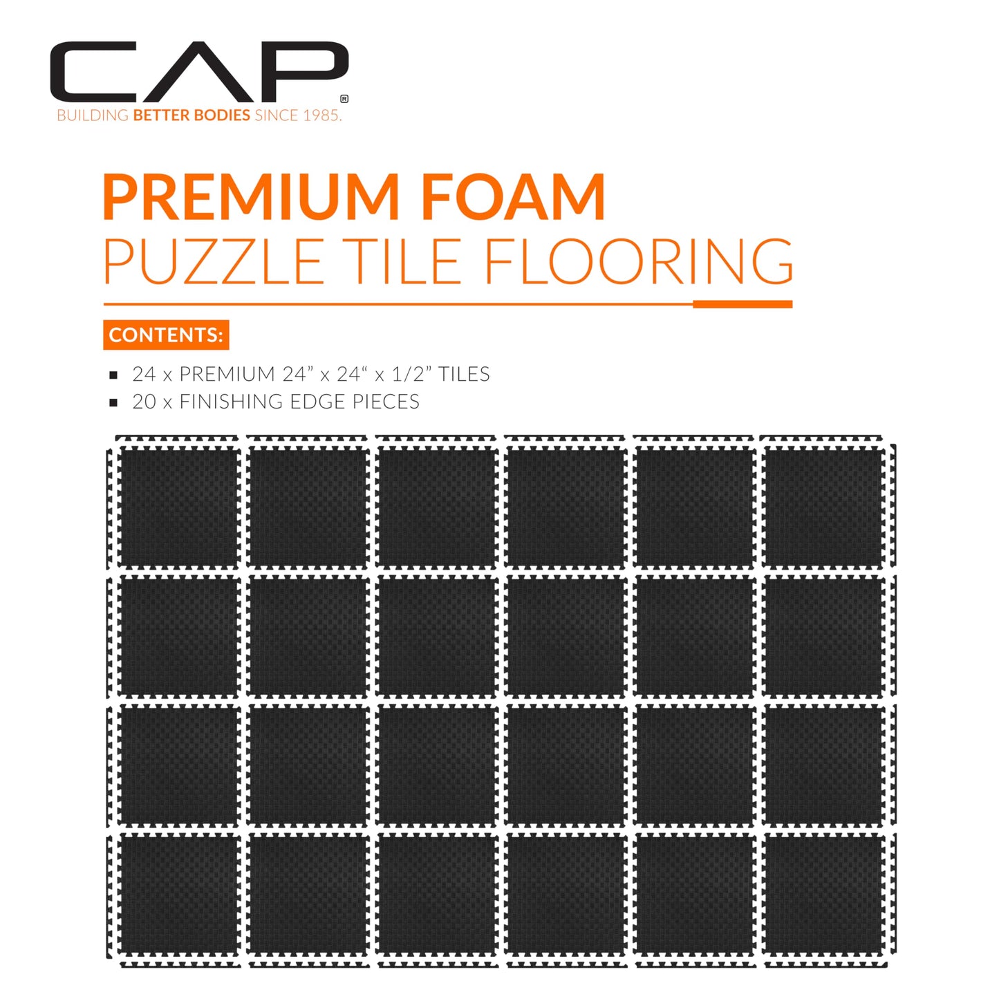 CAP Barbell 1/2-Inch Interlocking EVA Foam Exercise Puzzle Mat Home Gym Flooring - 4 Pack | 24" x 24" x 1/2" | Tatami Pattern - Black