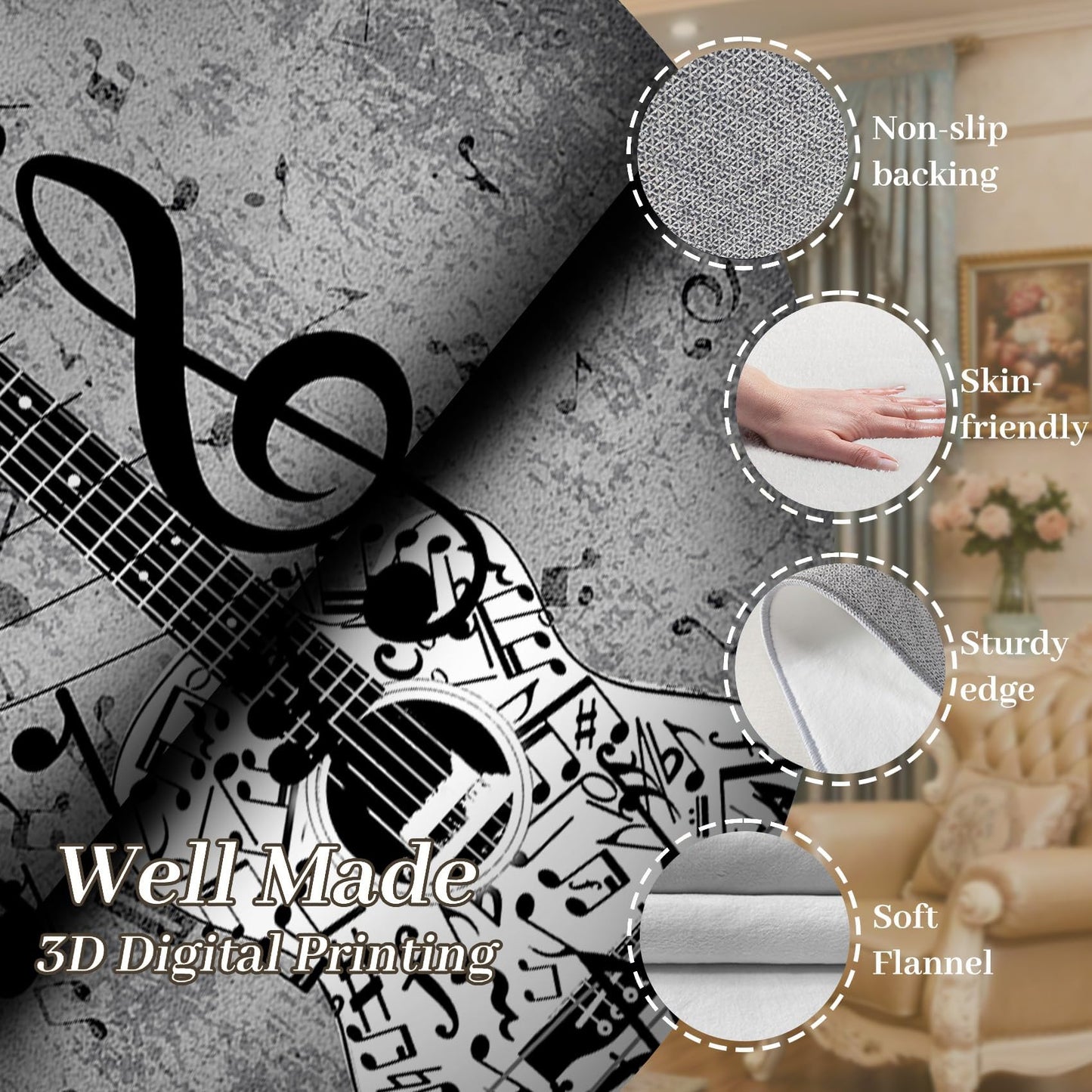 Music Musical Note Area Rug, 4x5ft, Gray Guitar Bass Home Decor Carpet, Soft Durable Fade Resistant Machine Washable Carpets, with Non Slip Backing Non Slip Rugs for Family Living Room
