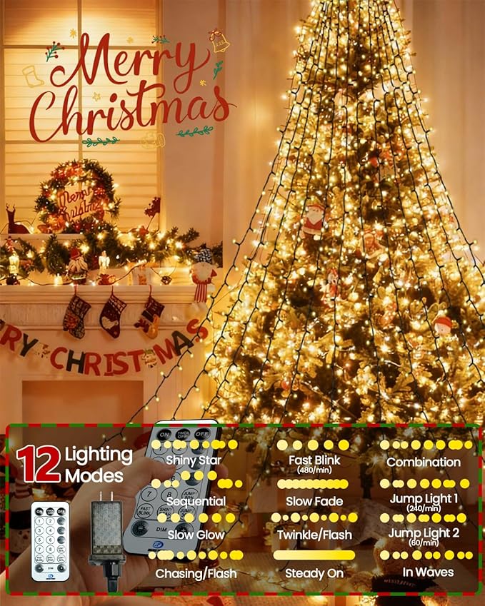 448LED Cascading Twinkle Christmas Tree Lights Indoor with Smart Voice Control & Remote | 7FT x 16 Lines Waterfall Tree Topper Lights, 12 Modes & Timer for 7FT Xmas Tree Christmas Decor (Warm White)