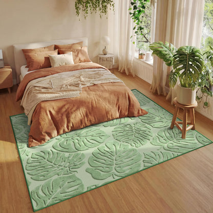 Sage Green Monstera Area Rug 5x7, High-Low Plush Pile Washable Rugs for Living Room Bedroom, Tropical Non Slip Nursery Carpet Soft Indoor Shag Rugs for Dining Room
