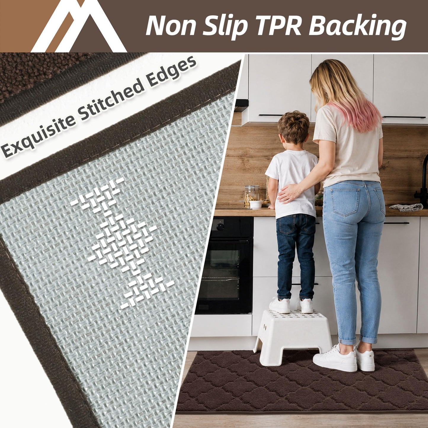 COSY HOMEER Soft Kitchen Rugs [2 PCS] for in Front of Sink Super Absorbent Kitchen Floor Mats and Mats 20x30 Inch/20X48 Non-Skid Kitchen Mat Standing Mat Washable,Polyester,Brown