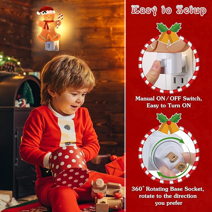 Christmas Decoration Gingerbread Man Night Light Plug in, 120V C7 LED Xmas Wall Plugin Nightlights, Christmas Night Light Decor for Bedroom Bathroom Kitchen Hallway Stairs