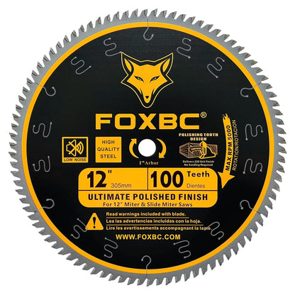 FOXBC 12 Inch Miter Saw Blade 100 Teeth Ultimate Polished Finish Saw Blade for Wood with 1 Inch Arbor