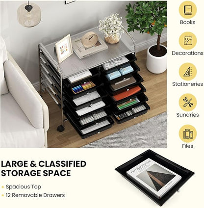 Giantex 12 Drawers Rolling Cart, Mobile Storage Drawer Cart, Classroom Organizer Cart for Office School Supplies Tools Scrapbook Paper Craft Small Printer, Utility Cart on Wheels, Black