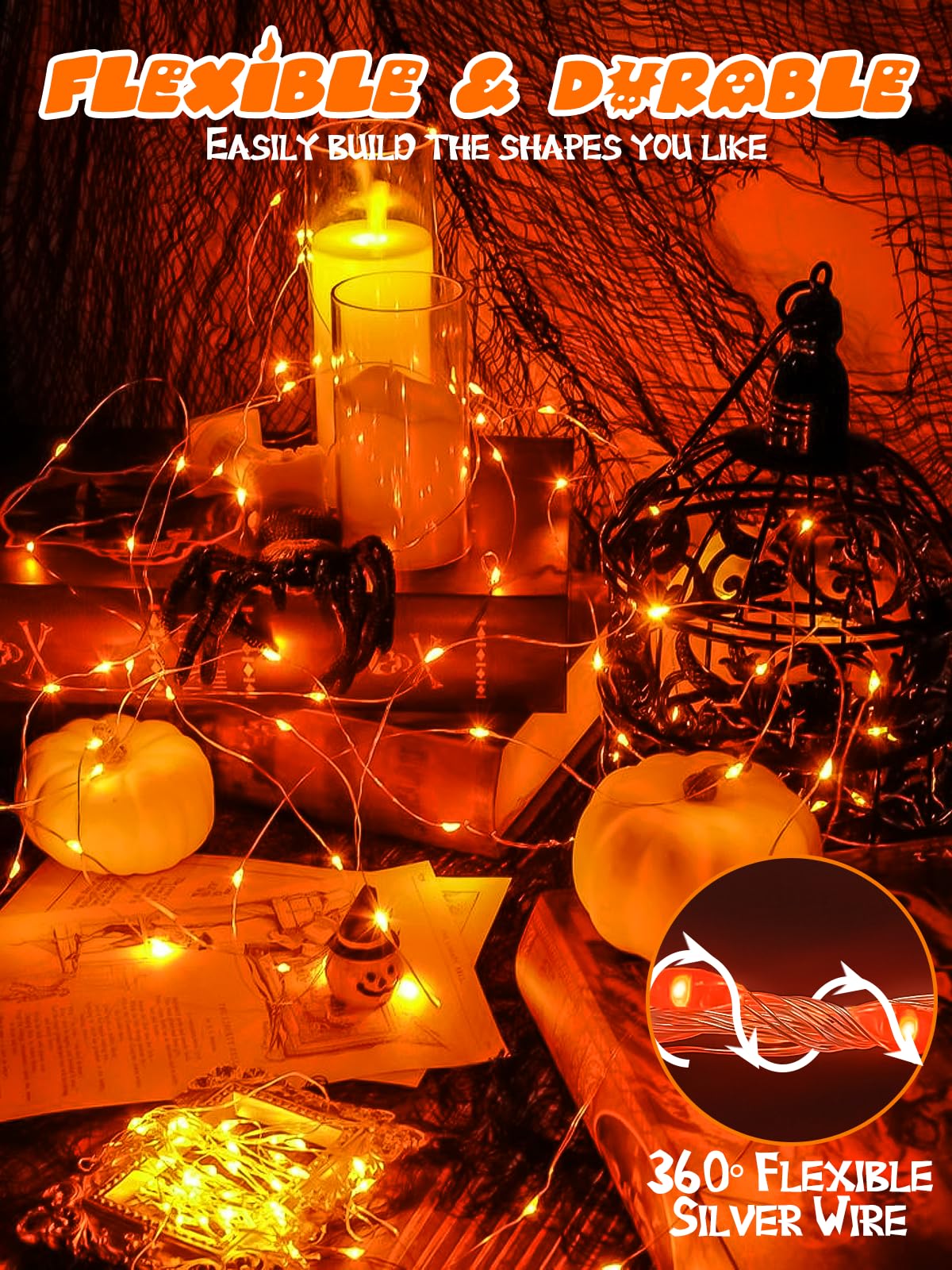 4 Pack 20FT 60LED Battery Operated Fairy Fall Lights with Timer, Waterproof Battery String Lights Outdoor Indoor, Battery Twinkle Lights for Bedroom Thanksgiving Day Party Halloween (Orange)