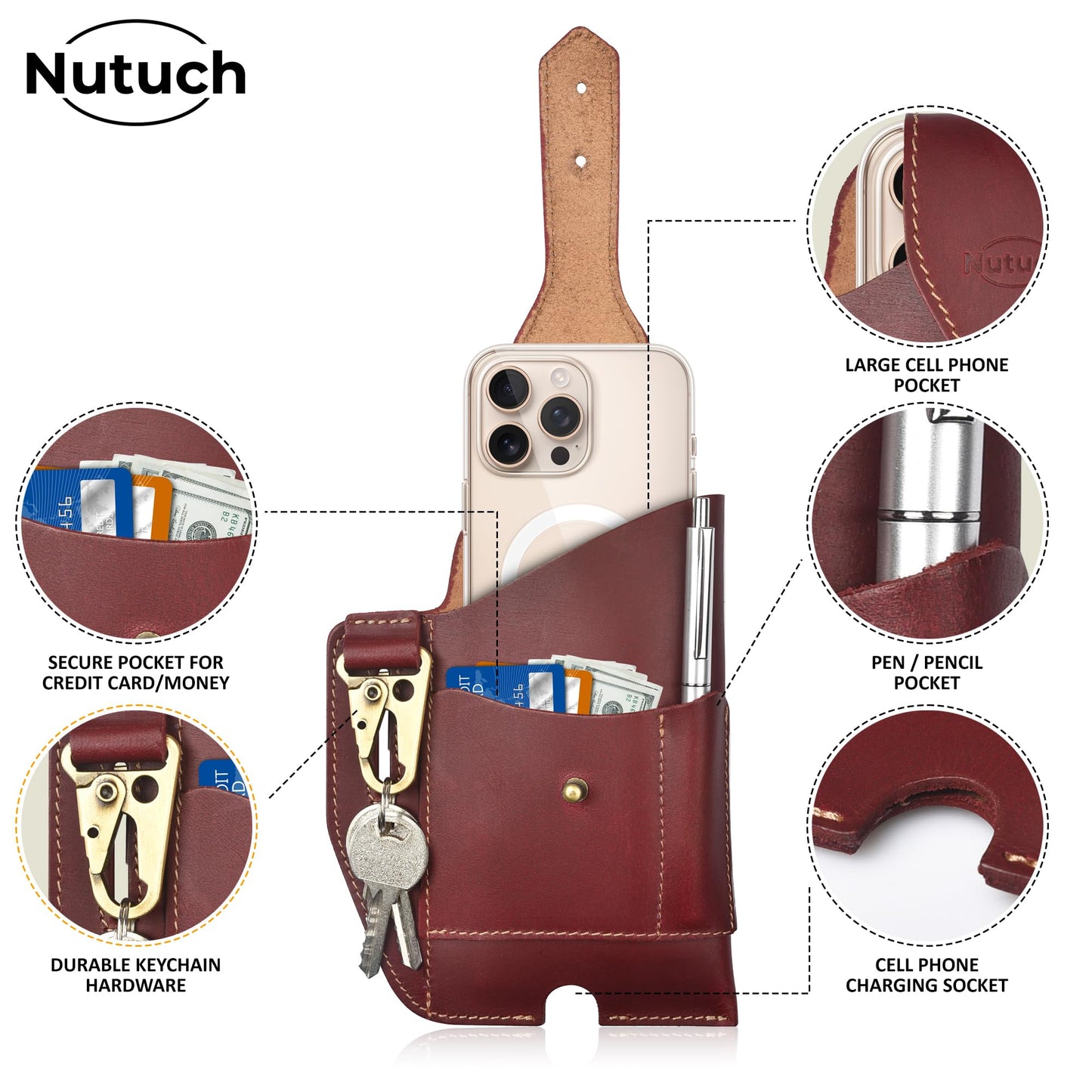 Genuine Leather Phone Holster with Belt Loop | Cell Phone Pouch for iPhone and Smartphone | Cell Phone Holsters Holders | Cell Phone Case | Leather Phone Case (Maroon 501)