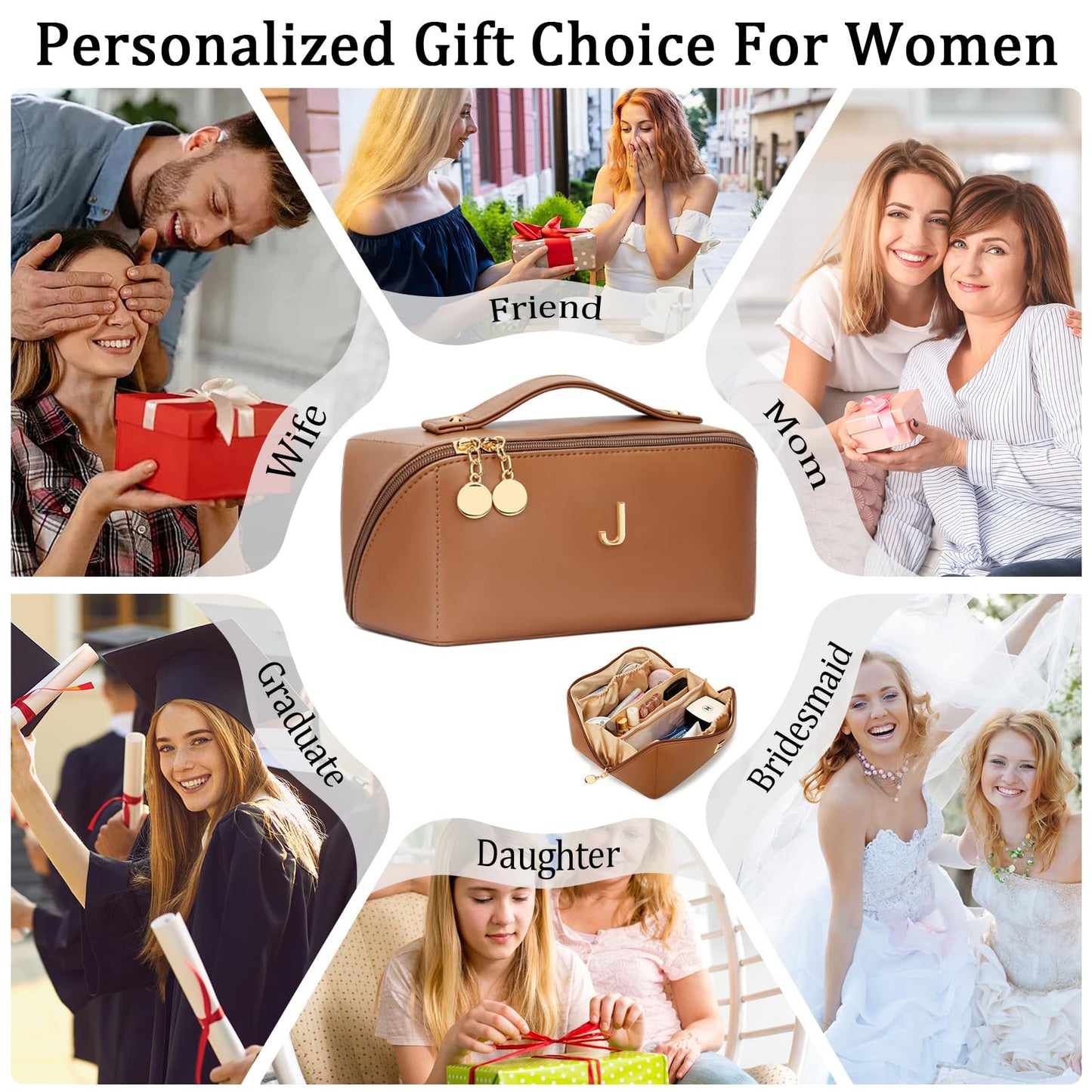 CLOUDWINGS Initial Makeup Bag Gifts for Women Bridesmaid Gifts Travel Toiletry Personalized PU Leather Waterproof Cosmetic Bag (Large-Brown-J)