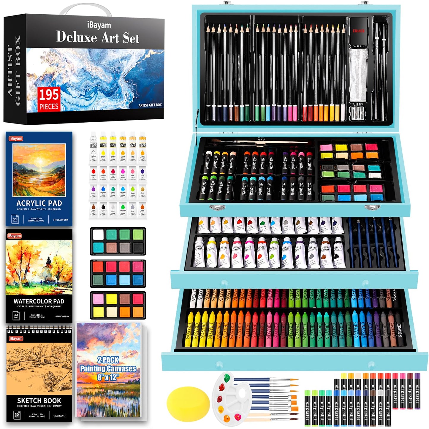 iBayam Art Set for Kids Teens Girls Boys Adult, 195-Pack Deluxe Artist Gift Box with 3 PCS Drawing Pads, A4 Canvases, Arts and Crafts Kits, Painting, Drawing & Art Supplies with 24 Color Acrylic Paint
