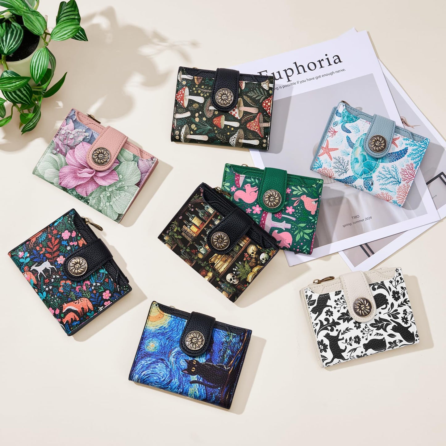 Mayski Starry Night Cat Small RFID Wallet Women, PU Leather Bifold Zipper Coin Pocket Compact Cash Credit Card Holder Purse, Cute Travel Wallet for Female Ladies Teen Girls, 4 ID Window 14 Card Slots
