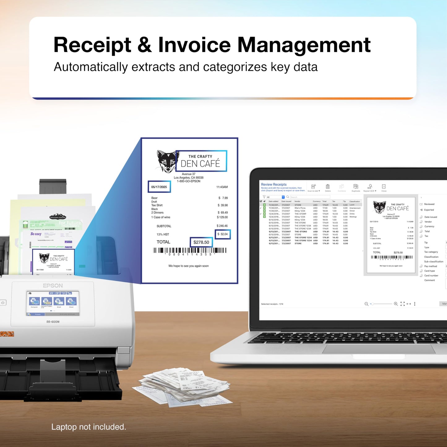 Epson RapidReceipt RR-600W Wireless Desktop Color 2-Sided Document & Tax Receipt Scanner with ScanSmart AI PRO Data Management Software for PC & Mac Touchscreen & 100-Page Auto Document Feeder