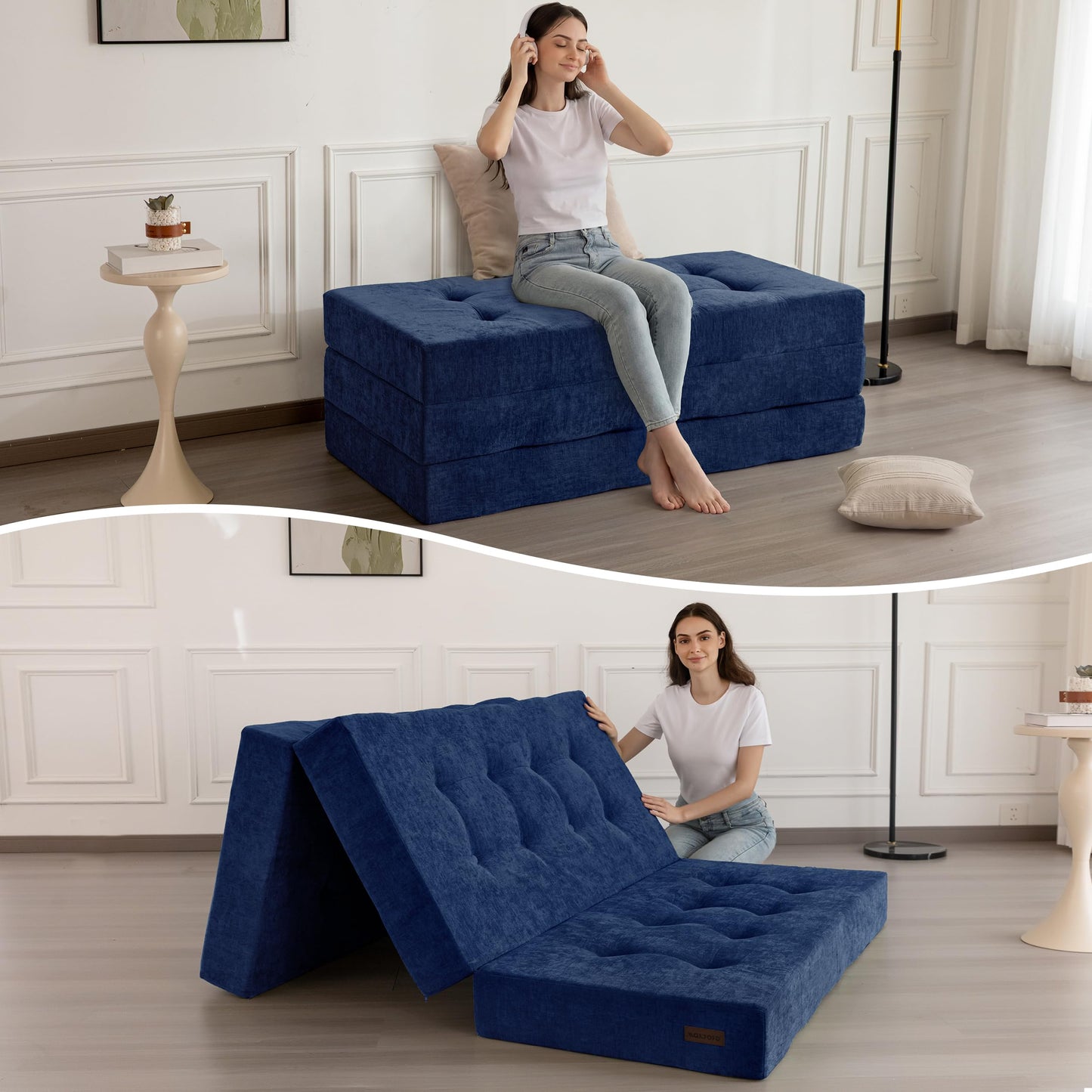 MAXYOYO 6" Folding Sofa Bed for Floor, Tufted Tri-Fold Floor Mattress with Chenille Fabric, Queen Size Portable Sofa Couch Guest Mat for Adults, Foldable Topper for Camping, Navy, 59"x78.7"