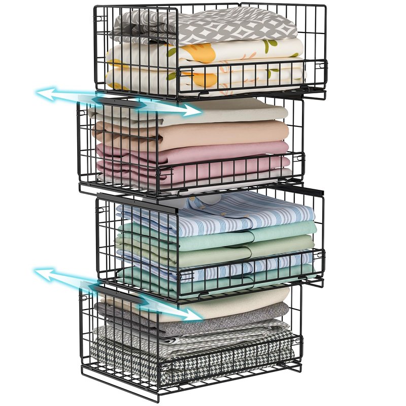 Hongtamoya 4-Tier Sliding Closet Organizers and Storage Shelves, Stackable Closet Shelf Organizer Basket Bins, Drawer Shelf Storage Container for Wardrobe Cupboard Kitchen Bathroom Office, Black