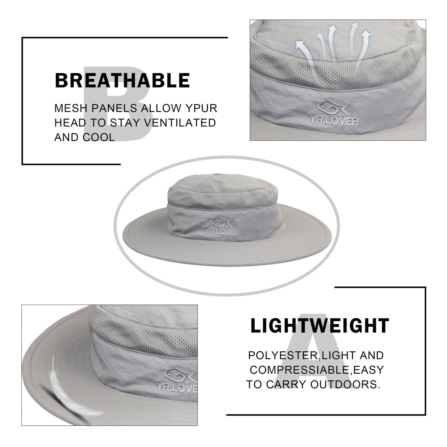 YR.Lover Outdoor UV Sun Protection Wide Brim Fishing Cap with Removable Flap Light Gray