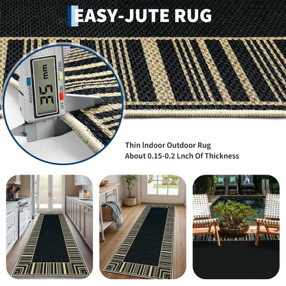 GarveeHome Striped Border Outdoor Rug 5x7 Area Rugs, Washable Rugs for Living Room Non Slip, Farmhouse Neutral Patio Carpet for Backyard Dining Room Balcony,Black