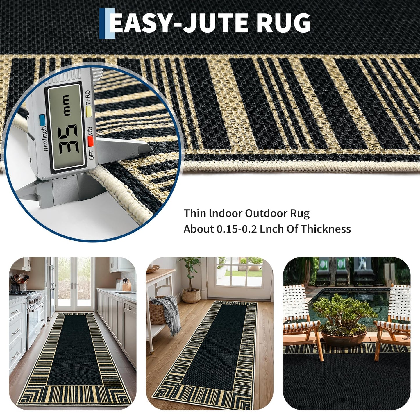 COZYLOOM 8x10 Easy Jute Outdoor Patio Rug Washable Living Room Rug with Rubber Backing, Stain Resistant Neutral Striped Border Rugs Non Shedding Foldable Mats for Bedroom, Dining Room, Backyard, Black
