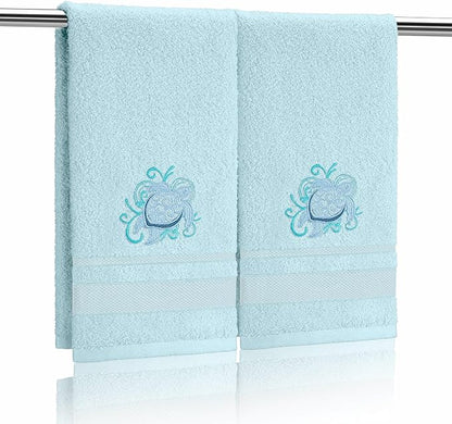 2 Pcs Sea Turtle Floral Hand Towels Pastel Blue Bathroom Decor 14x29 Inch