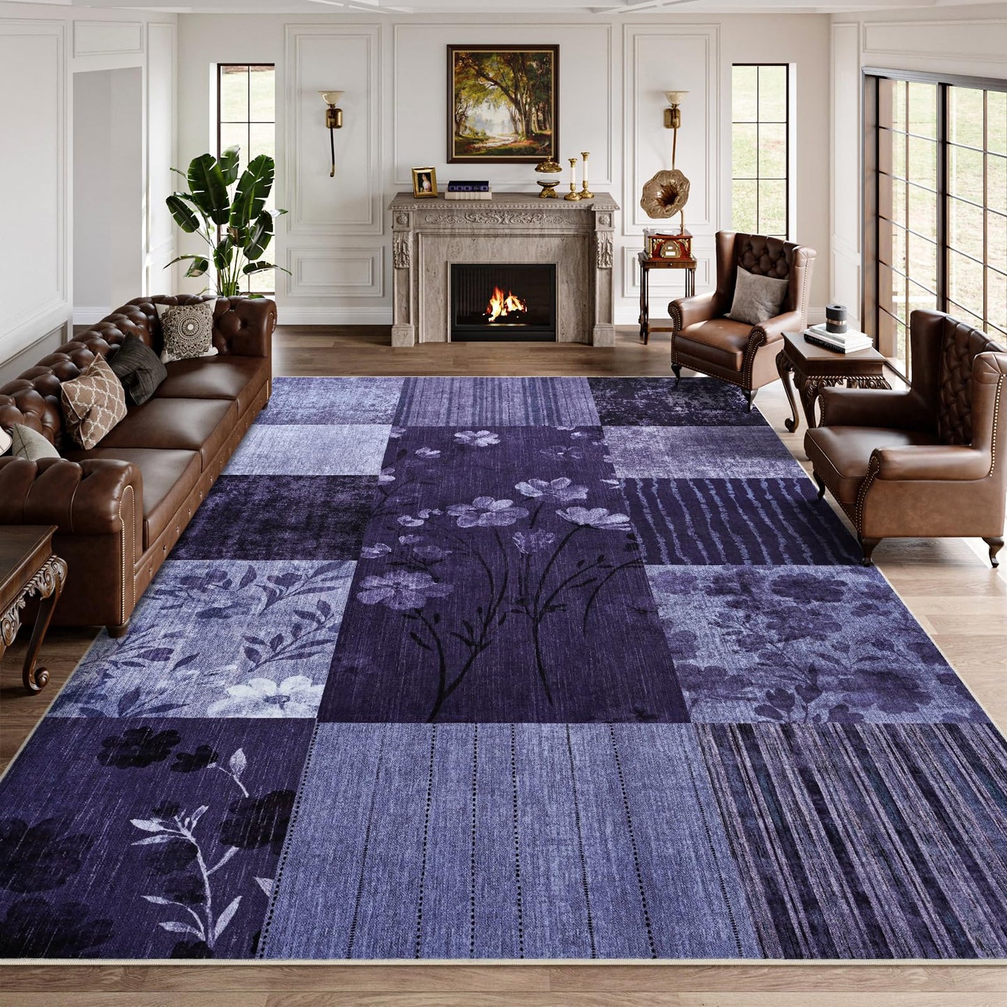 DweIke Area Rugs 4'x6' Washable Purple Rug for Living Room, Non-Slip Modern Geometric Patchwork Stain Resistant Indoor Throw Carpet for Bedroom Dining Room Farmhouse Office Decor