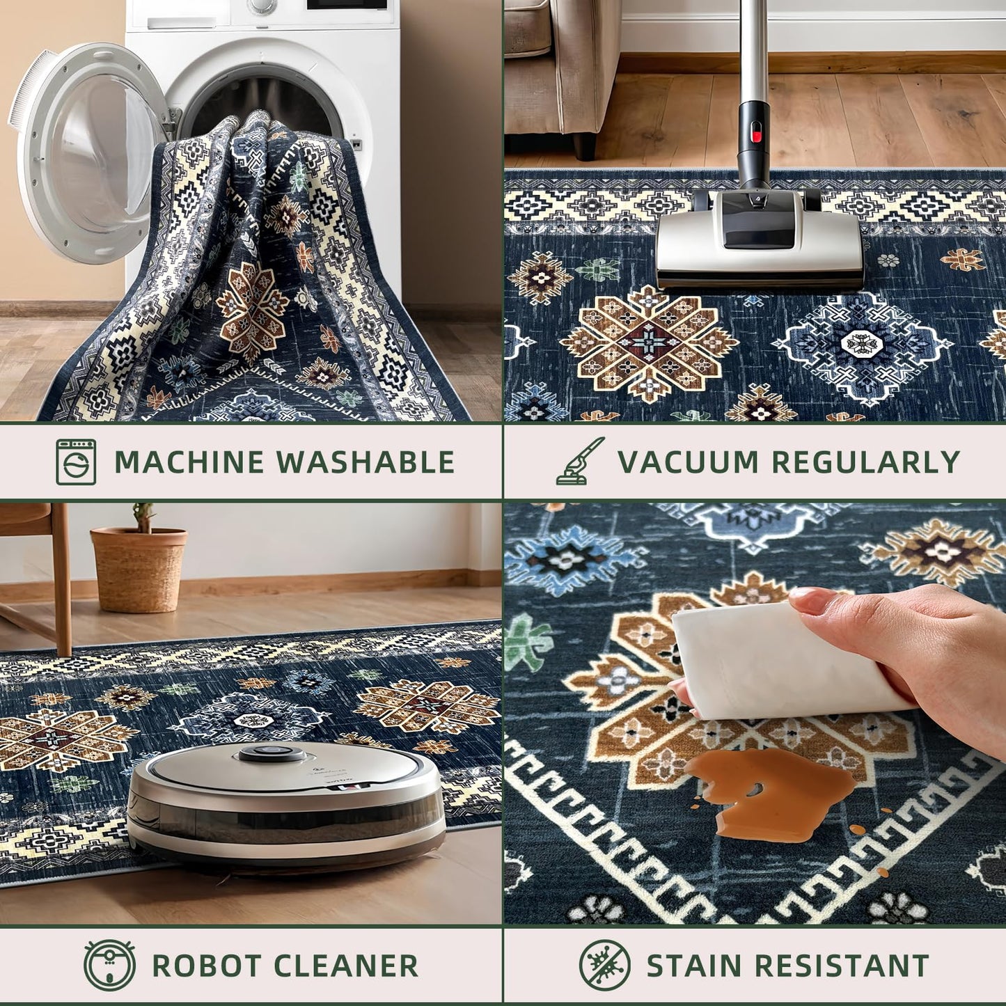 Mordem Blue Runner Rug 2x8, Non Slip Low Pile Stain Resistant Boho Washable Hallway Runner Rugs for Kitchen Bedroom Beside Laundry Room Bathroom Rug, Pet & Kids Friendly