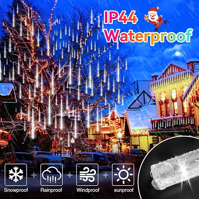 KNONEW 40 Tubes 1120 LED Meteor Shower Lights Christmas Lights Outdoor Plug in Waterproof Falling Rain Light for Xmas Tree Wedding Party Garden Holiday Rooftop Decorations (Cool White)