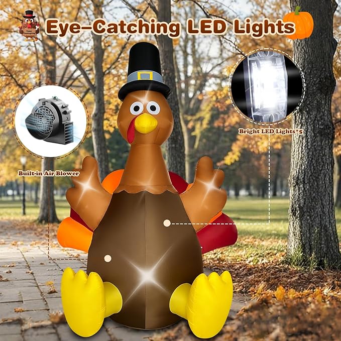 Thanksgiving Inflatables Turkey Outdoor Decorations 8FT Fall Inflatable Turkey with Built-in LED Lights Blow up Outdoor Lawn Yard Decoration