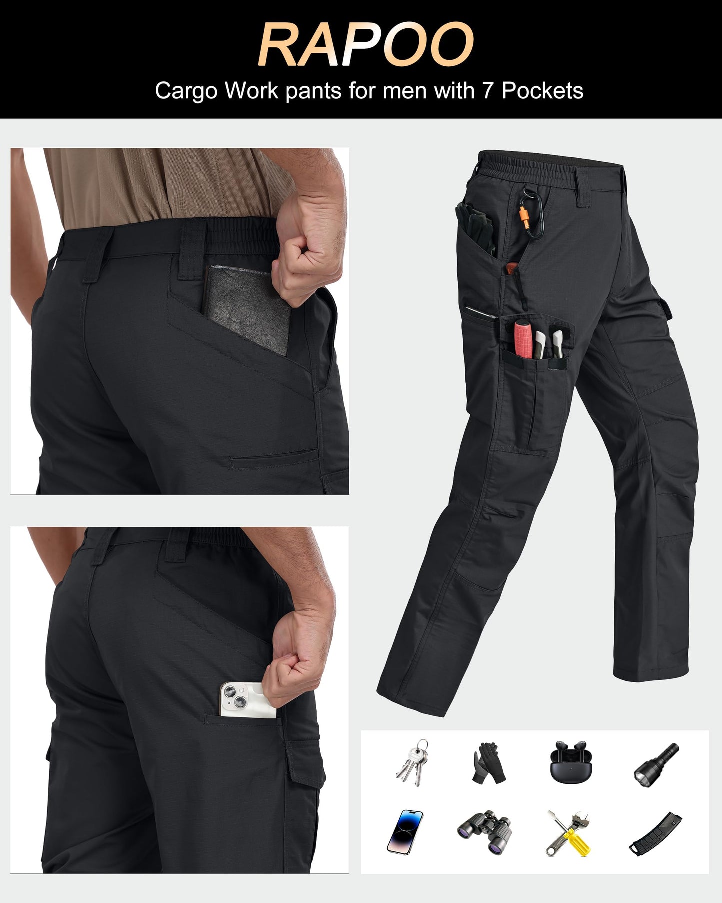 Rapoo Tactical Pants for Men Cargo Working Army Fishing Hiking Pants for Men with Pockets Elastic Waist Mens Ripstop Construction Carpenter Outdoor Pants Black 32Wx34L