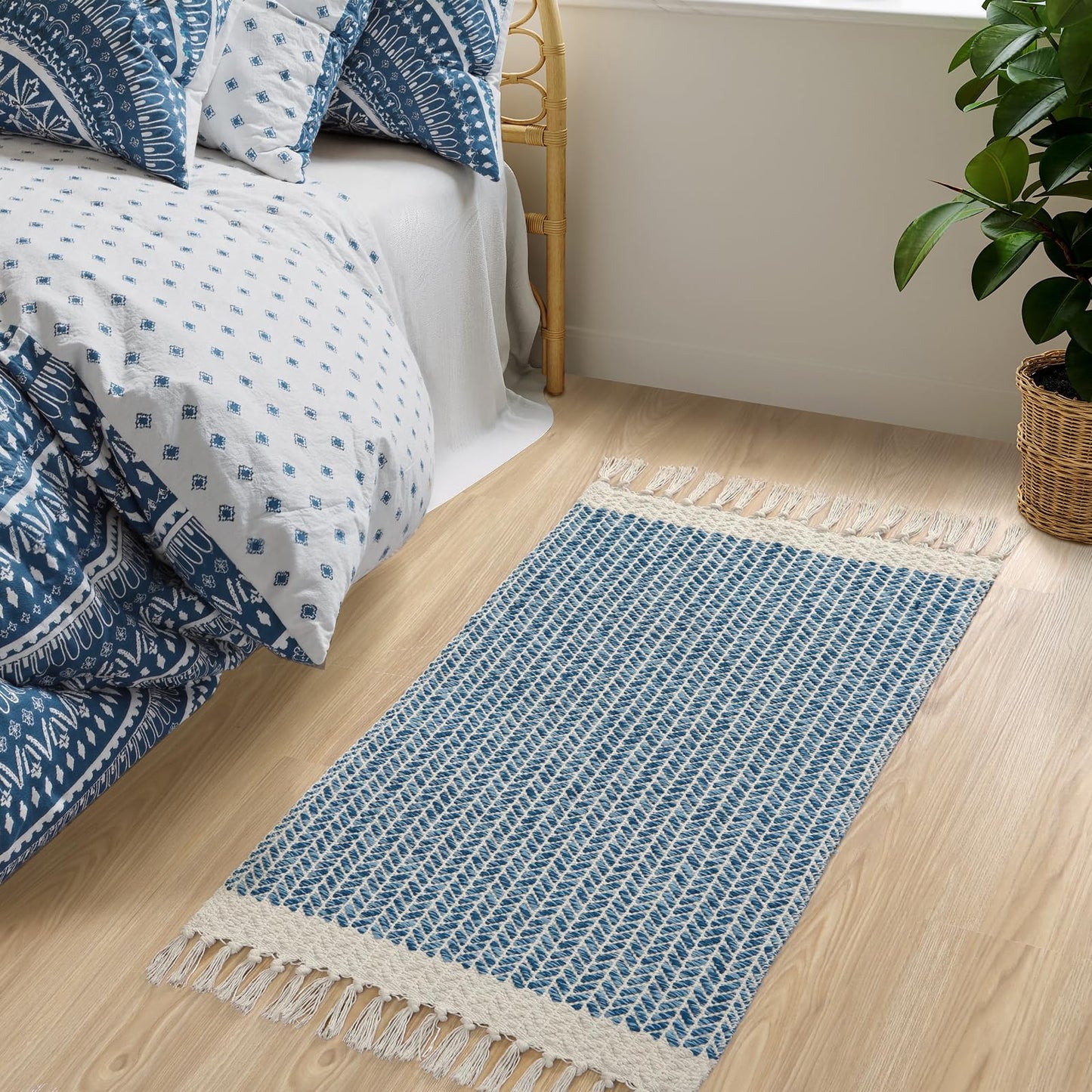 Lahome Belle Boho Bathroom Rugs, Small 2x3 Front Door Bath Mats Lightweight Entryway Rug Woven Cotton Area Rug with Tassels, Farmhouse Blue Throw Rug Washable Low Pile Carpet for Kitchen