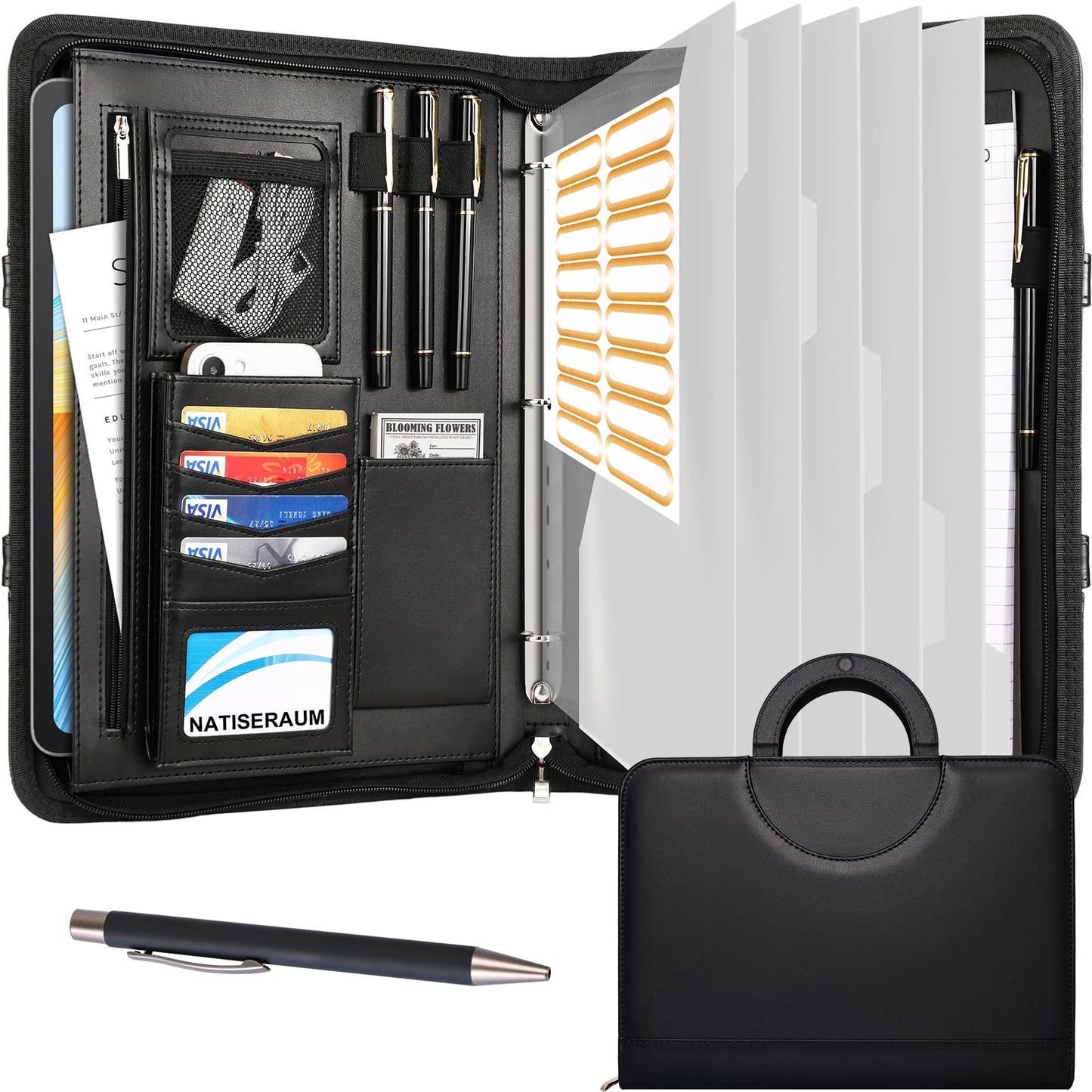 NATISERAUM Portfolio Binder 3 Ring Includes Pen and 5 Dividers with 10 Pockets, Padfolio Organizer with Zipper for Men and Women, Includes A4 Notepad for Business, School, Work