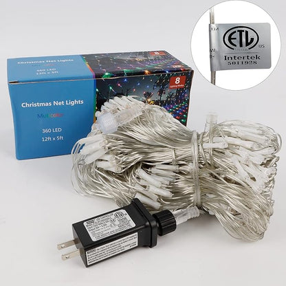 WATERGLIDE Outdoor Christmas Net Lights, 12FT x 5FT 360 LED Mesh String Light with 8 Lighting Modes, Connectable Light for Garden Tree Bushes, Holiday Wedding Party Decorations, Multicolor