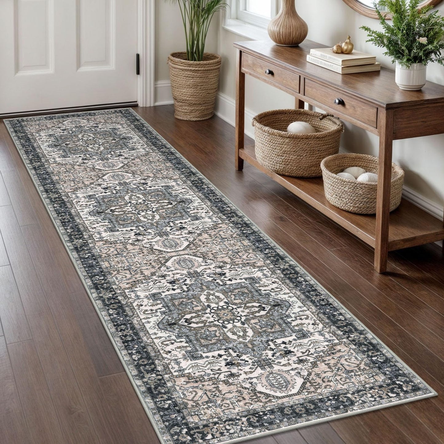 KOZYFLY Runners for Hallways 2x8 Ft Washable Kitchen Runner Rug Boho Entry Rug for Hallways Indoor Printed Faux Wool Long Floor Carpet for Entryway Bedroom Kitchen Hallway Use, Black/Taupe/Beige