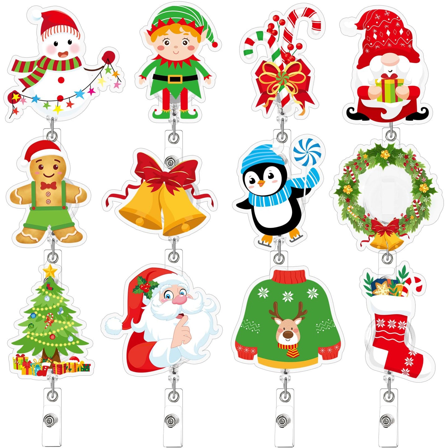 Jansun Christmas Badge Reel 12 Pcs Nurse Badge Reel Name Badge Clips Retractable Christmas Badge Holder Acrylic Santa Snowman Garland Gingerbread Man for Nurses Students (12 Styles) ﻿