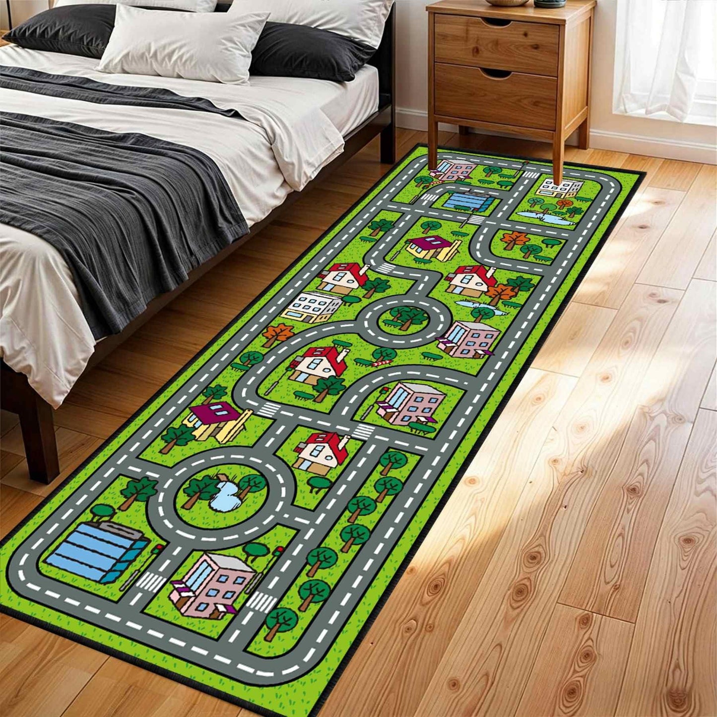 CRJMKS Kids Car Play Road Map Rug,3.3x10ft,City Life Area Rug Runner for Boys Playroom, Cartoon Educational Traffic Transport Street Map Carpet Non-Slip Washable Floor Mat for Classroom