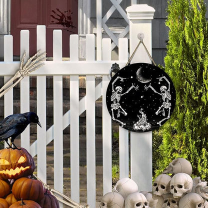 Skull Halloween Front Door Sign Dancing Skeleton Door Hanger Sacry Moon Night Holiday Decor for Porch Halloween Home Party Accessories