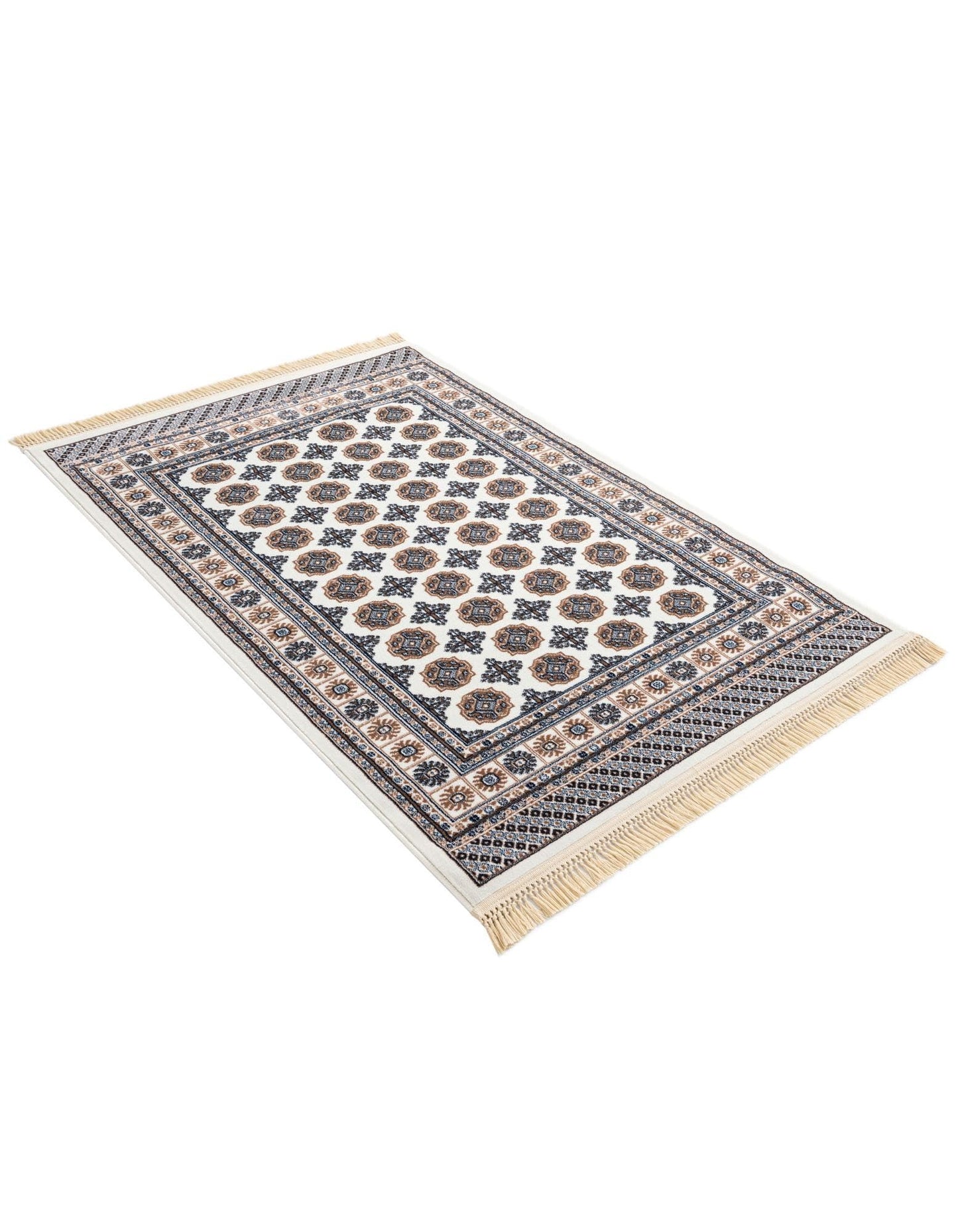 Rugs.com - Bokhara Rug – 4' 1 x 6' 1 Ivory Easy-Clean Stain-Resistant Area Rug – Modern Geometric Design with Fringe, Perfect for Living Rooms, Entryways, and Offices